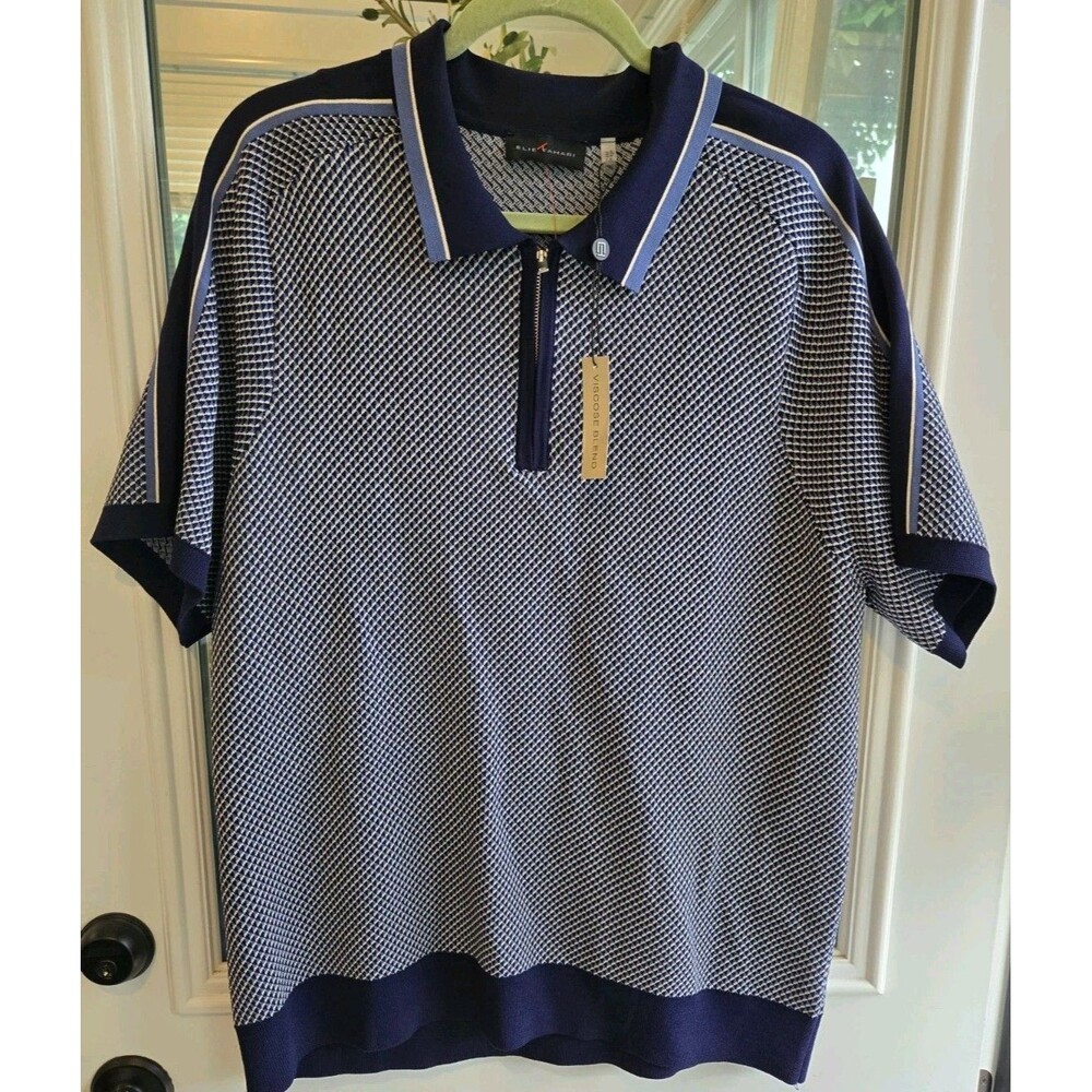 NWT Elie Tahari Men Knit Polo Shirt Navy White Geometric Jacquard Sweater XL